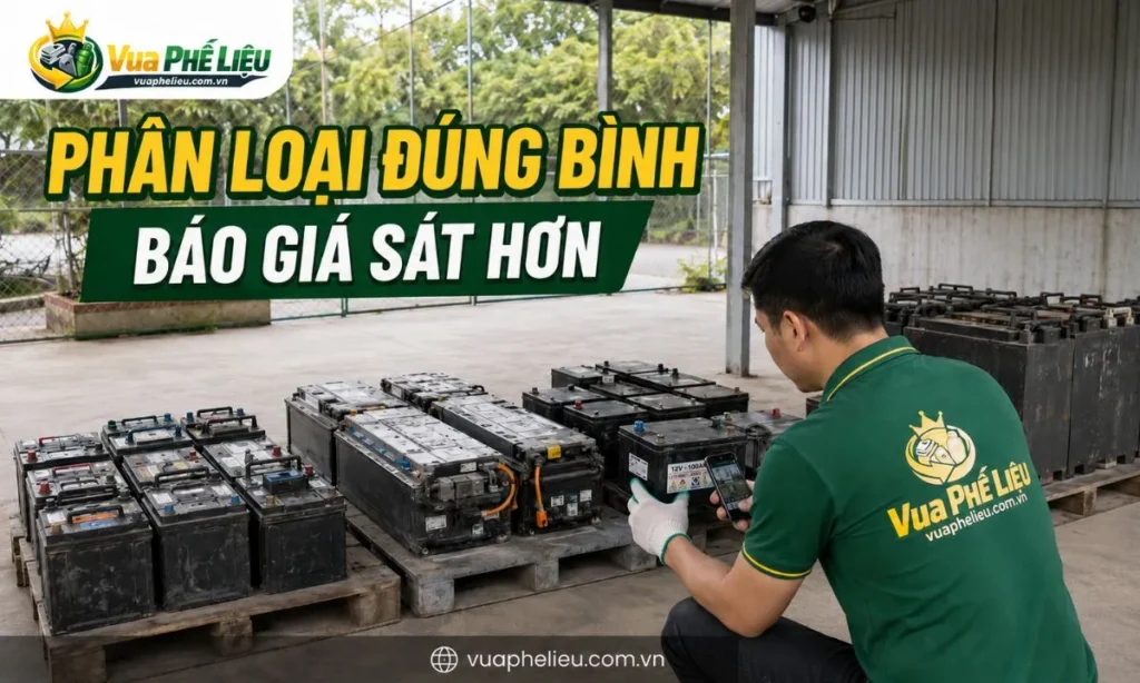phân loại bình ắc quy cũ theo nhóm ô tô, xe điện, UPS, viễn thông, xe nâng, bình khô, bình nước và bình hỏng để báo giá sát hơn.