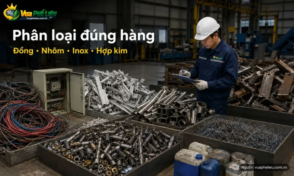 phân loại phế liệu công nghiệp tại Long An, gồm đồng, nhôm, inox, hợp kim, dây điện cũ, ba via kim loại, mạt sắt, pallet, bao bì và máy móc cũ.