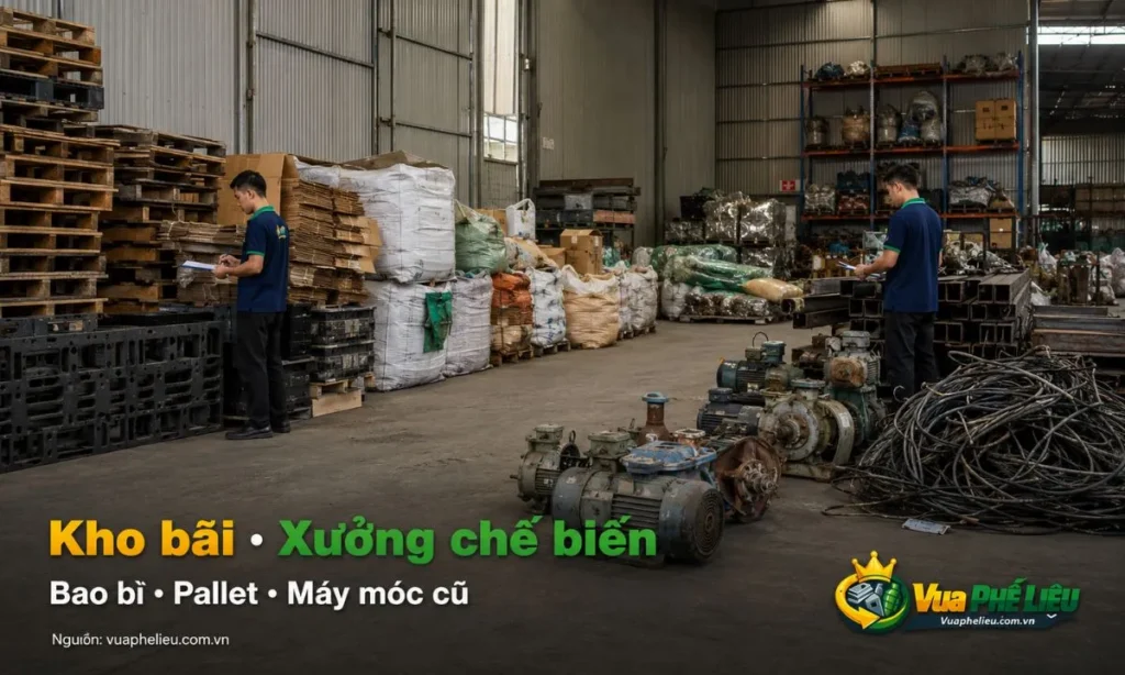 phế liệu kho bãi, xưởng chế biến, bao bì, pallet, carton, nhựa, sắt thép, dây điện, máy bơm và motor cũ tại Cần Thơ.