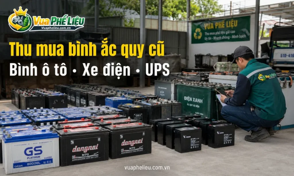 dịch vụ thu mua bình ắc quy cũ của Vua Phế Liệu, nhận báo giá bình ô tô, xe điện, UPS, viễn thông, xe nâng, bình hỏng và ắc quy phế liệu.