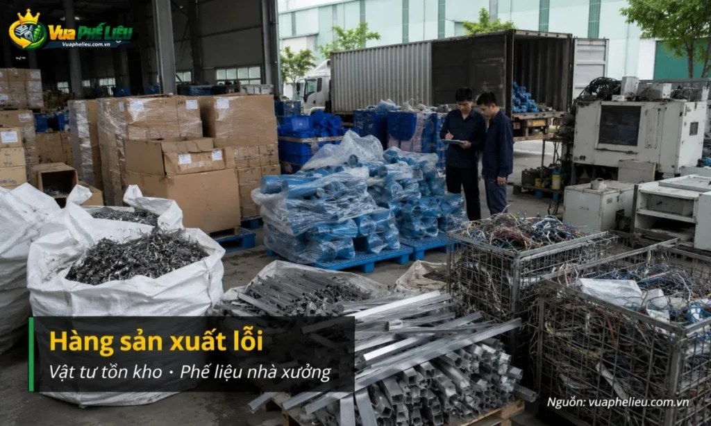 dịch vụ thu mua hàng sản xuất lỗi, vật tư tồn kho, bao bì, pallet, ba via kim loại, nhựa lỗi, sắt thép, nhôm, inox và phế liệu nhà xưởng tại Long An.