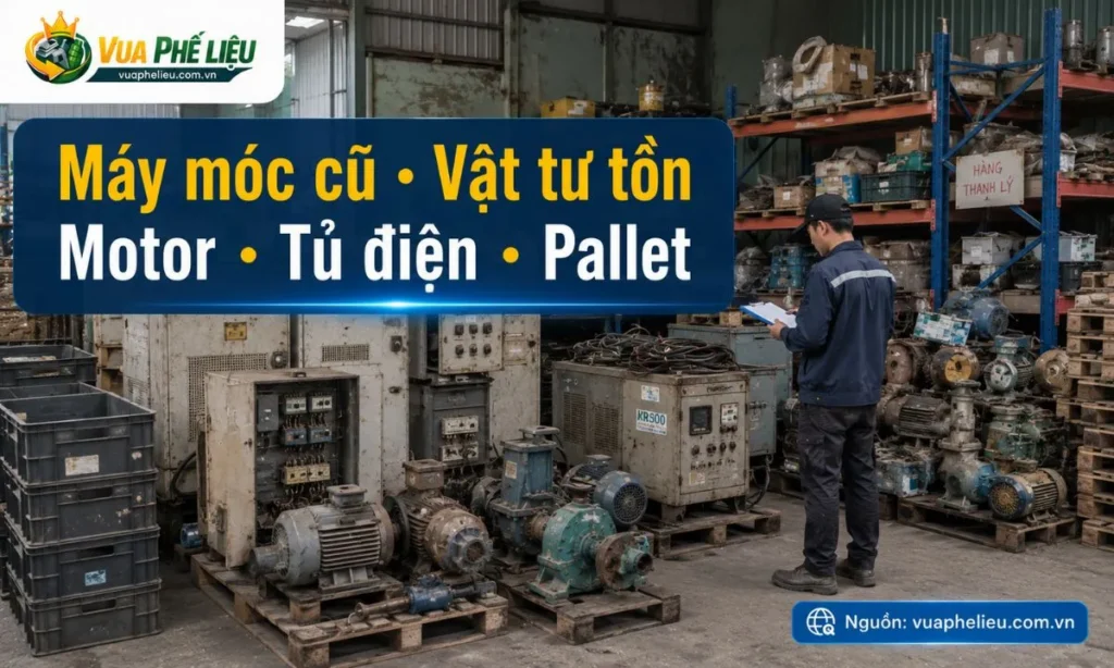 thu mua máy móc cũ, motor, tủ điện, máy bơm, máy nén khí, kệ sắt, pallet, thùng nhựa, bao bì và hàng thanh lý tại Đồng Tháp.