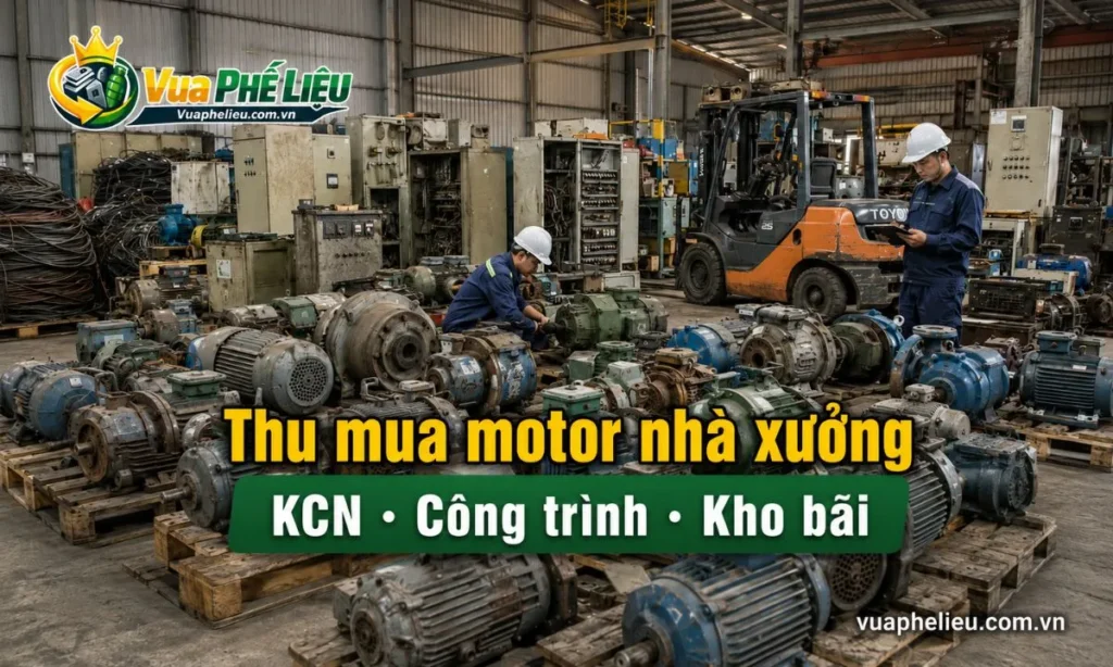 thu mua motor cũ số lượng lớn tại nhà xưởng, khu công nghiệp, gồm motor công nghiệp, motor giảm tốc, motor bơm, tủ điện, dây điện và thiết bị sản xuất cũ.