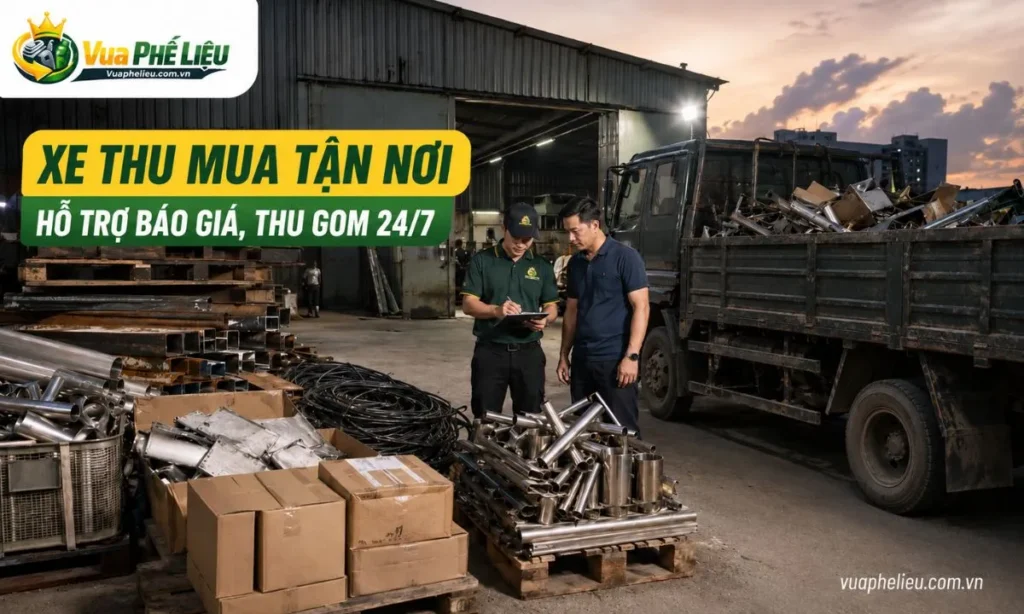 đội thu mua phế liệu đến tận nơi tại An Giang, hỗ trợ kiểm tra lô hàng, phân loại sắt, đồng, nhôm, inox, dây điện và phế liệu hỗn hợp.