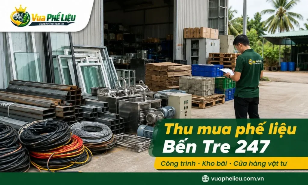 dịch vụ thu mua phế liệu Bến Tre tận nơi của Vua Phế Liệu, nhận sắt, đồng, nhôm, inox, dây điện, motor, tủ điện, máy móc cũ, carton, pallet, thùng nhựa và vật tư tồn kho.
