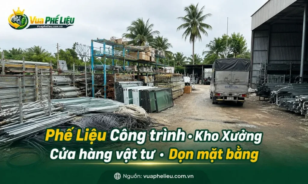 thu mua phế liệu công trình, kho bãi và cửa hàng vật tư tại Bến Tre, nhận sắt thép, khung kèo, nhôm kính, inox, dây điện, kệ sắt, pallet, carton và vật tư xây dựng cũ.