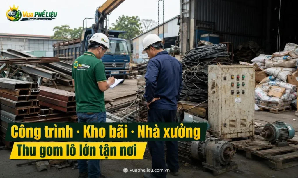 thu mua phế liệu công trình, kho bãi, nhà xưởng tại An Giang, gồm sắt thép tháo dỡ, dây điện, nhôm kính, inox, motor, tủ điện, pallet và vật tư tồn kho.