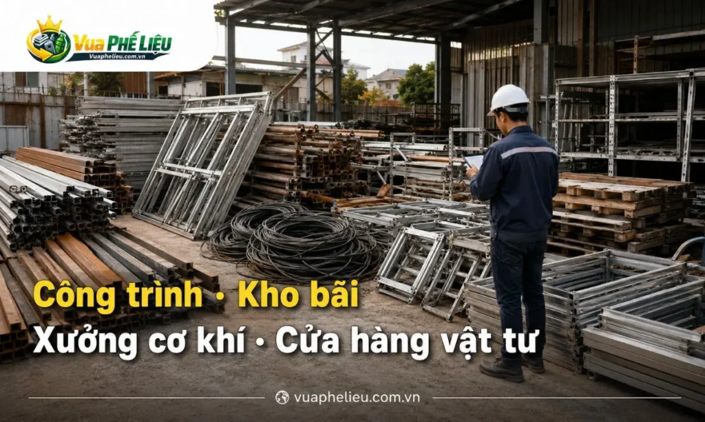 thu mua phế liệu công trình, kho bãi, xưởng cơ khí tại Đồng Tháp, nhận sắt thép, khung kèo, dây điện, nhôm kính, inox, motor, pallet và vật tư xây dựng cũ.