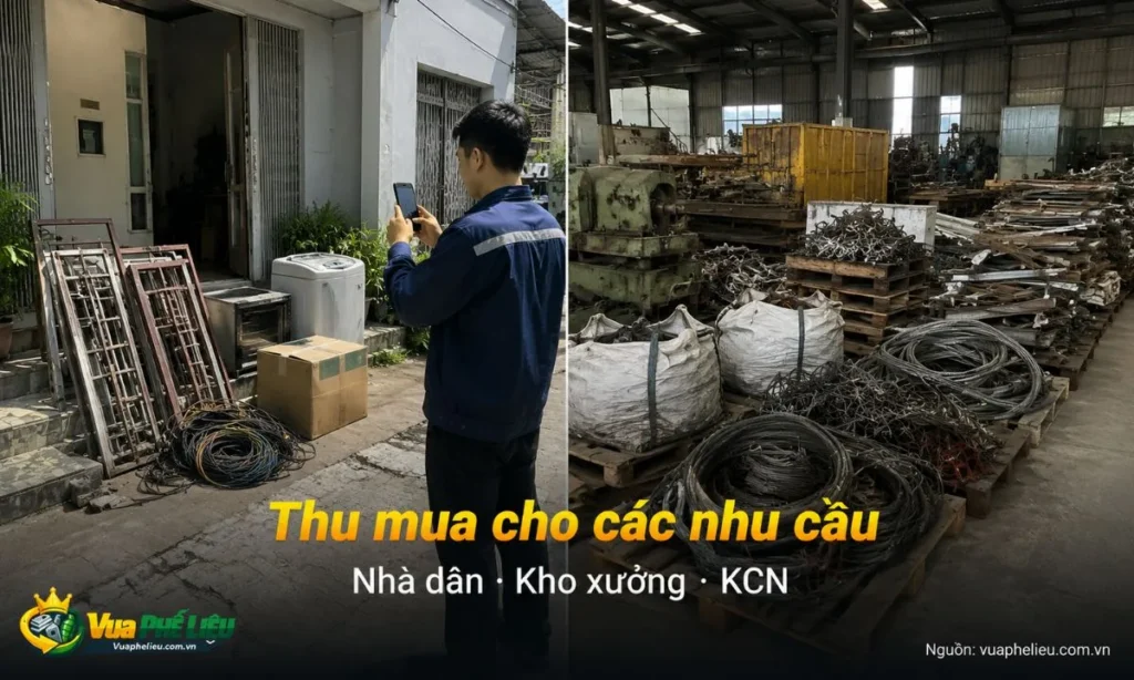 thu mua phế liệu Long An từ lô nhỏ đến lô lớn, gồm phế liệu nhà dân, cửa hàng, kho xưởng, khu công nghiệp, hàng thanh lý và vật tư tồn kho.