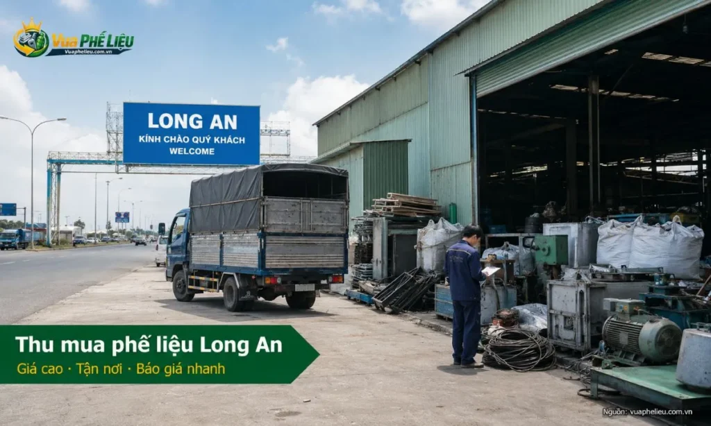 dịch vụ thu mua phế liệu Long An của Vua Phế Liệu, nhận báo giá sắt, đồng, nhôm, inox, dây điện, máy móc cũ, phế liệu kho xưởng và hàng thanh lý.