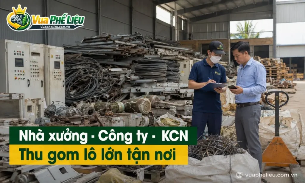 thu mua phế liệu nhà xưởng, công ty, kho bãi và khu công nghiệp tại Tiền Giang, gồm sắt thép, dây điện, motor, tủ điện, máy móc cũ, pallet, bao bì và vật tư tồn kho.
