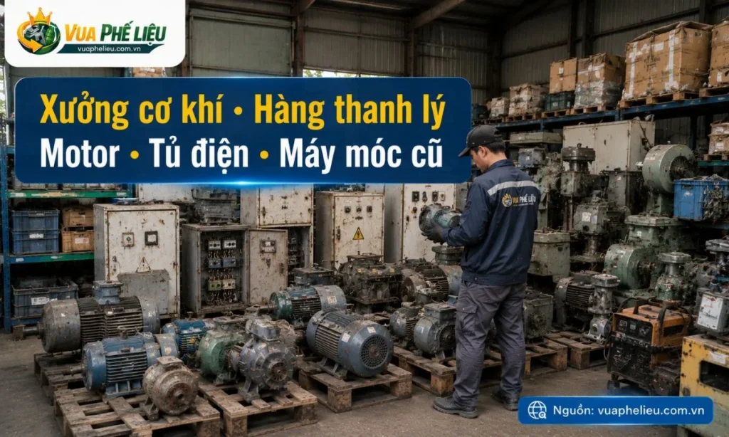 thu mua phế liệu cơ sở sản xuất, xưởng cơ khí và hàng thanh lý tại Bến Tre, gồm motor, tủ điện, máy bơm, máy nén khí, máy móc cũ, kệ sắt, pallet và vật tư tồn kho.