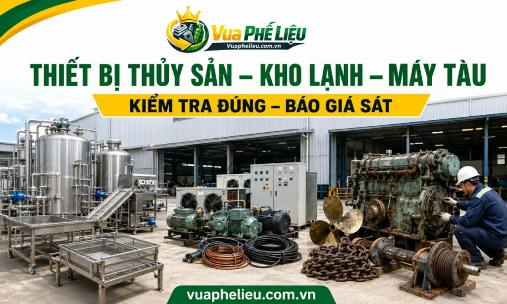 phân loại bồn inox, đường ống, motor, máy nén, thiết bị kho lạnh và máy tàu cũ trước khi báo giá tại Cà Mau.