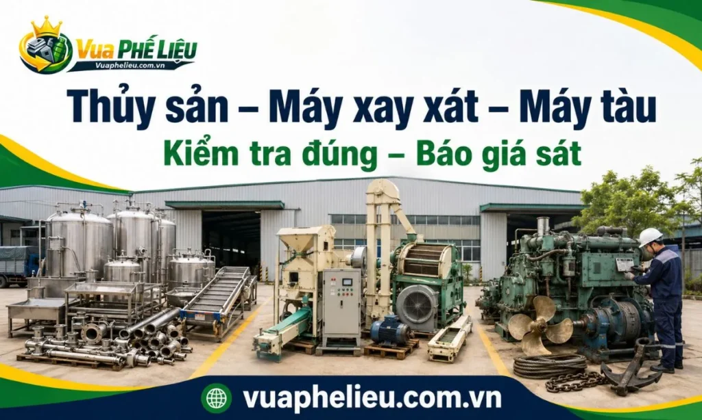 phân loại bồn inox, motor, máy xay xát, gầu tải, thiết bị kho lạnh và máy tàu cũ trước khi báo giá tại Sóc Trăng.