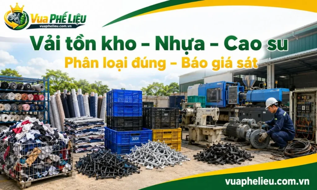 phân loại vải tồn kho, nhựa lỗi, cao su ba via, motor và máy sản xuất cũ trước khi báo giá tại Tây Ninh.