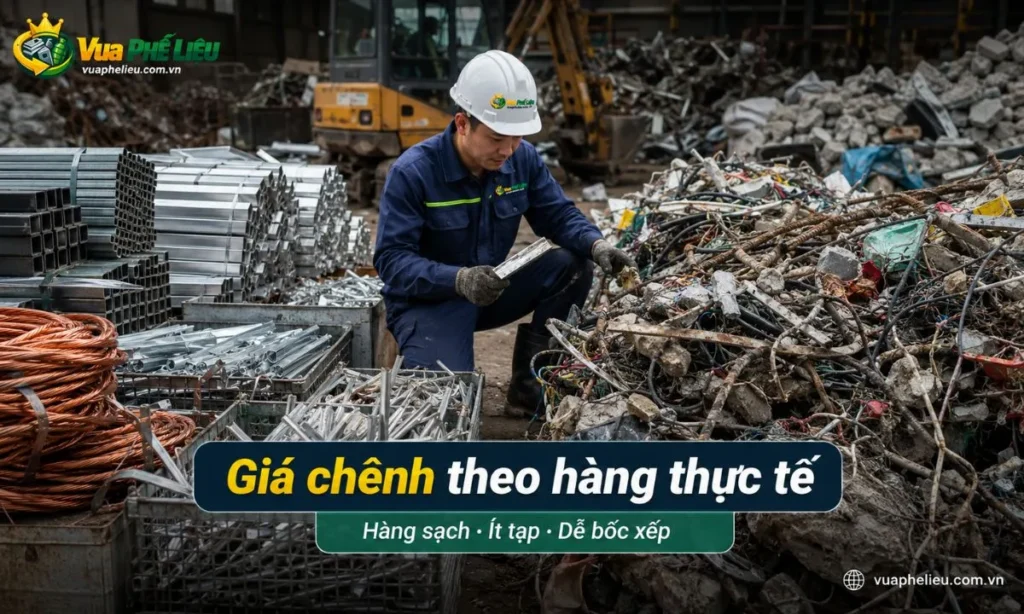 các yếu tố làm giá phế liệu thực tế chênh so với bảng giá tham khảo như phân loại hàng, độ sạch, lẫn tạp và điều kiện bốc xếp.