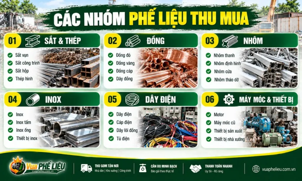 Các nhóm sắt thép đồng nhôm inox dây điện và máy móc cũ
