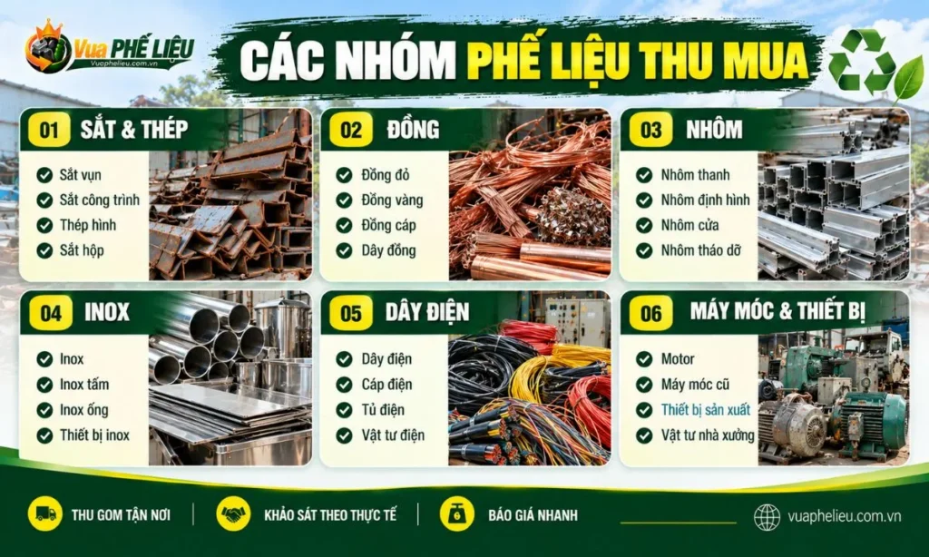 Các nhóm sắt thép đồng nhôm inox dây điện và máy móc cũ