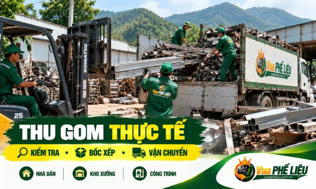 Nhân viên kiểm tra và bốc xếp phế liệu tại điểm thu gom