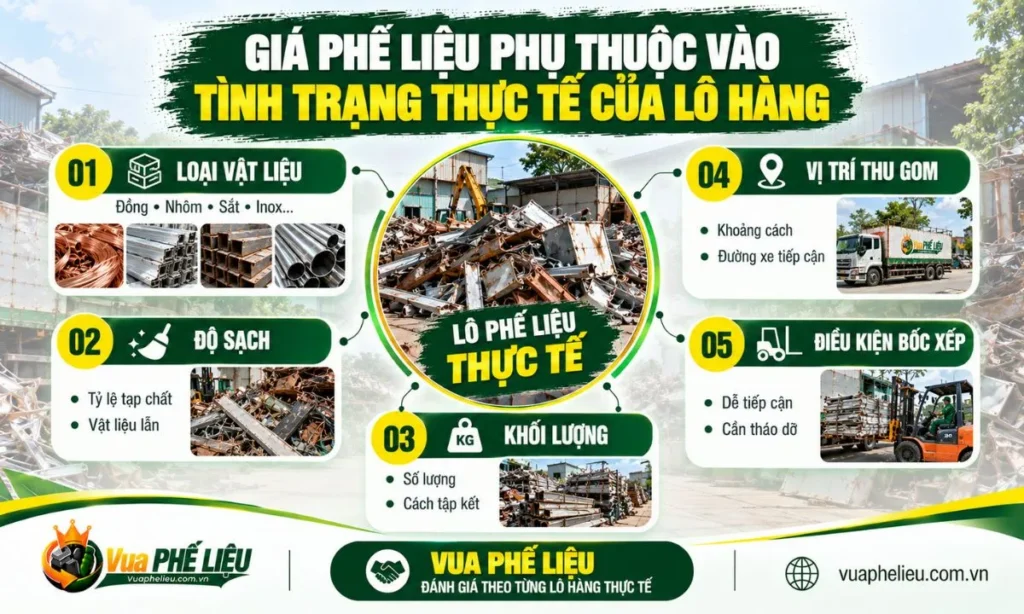 Các yếu tố ảnh hưởng đến giá phế liệu gồm loại hàng độ sạch khối lượng và điều kiện thu gom